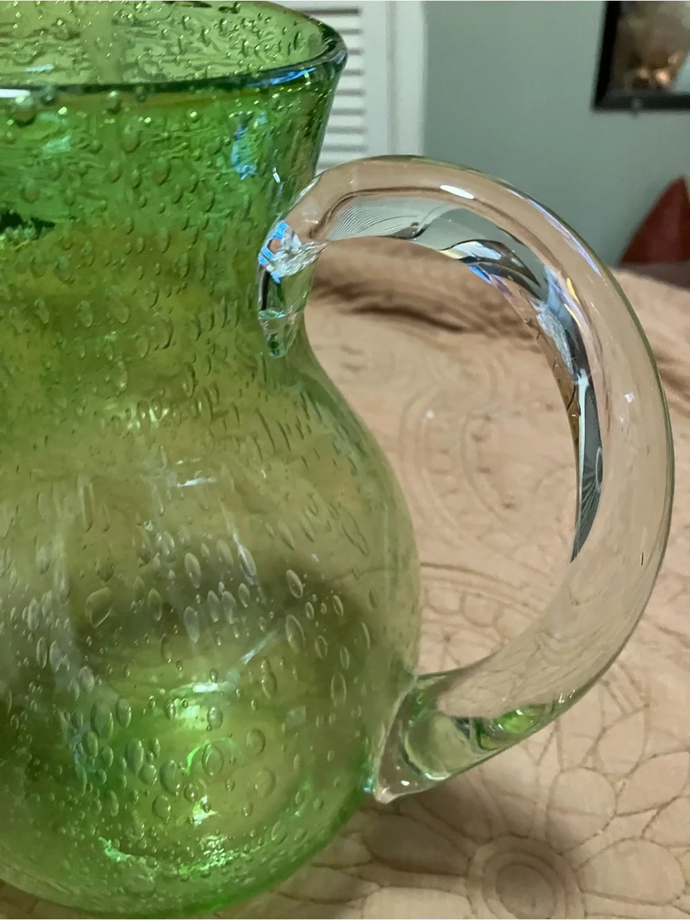 Crate and Barrel Hand Blown Green Glass Bubble Cocktail Water Pitcher